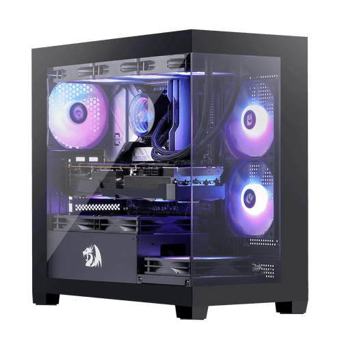 Redragon GC218M Gaming Back-Mounted PC Case, M-ATX Computer Chassis w/ 2 x 120mm Fans Pre-Installed & High Airflow Perforated Panels, 270° Full View, Easy Cable Management, Black