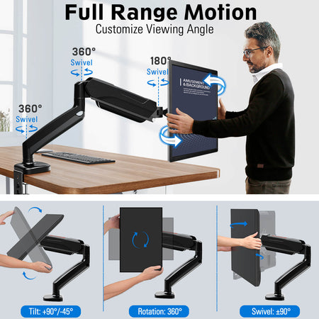 Redragon GMK914 Single Monitor Mount Stand - Gas Spring Adjustable Arms with VESA 75/100mm, 13-32 Inch Screen Compatibility, C Clamp & Grommet Base, Cable Management, 17.6lbs Load Capacity