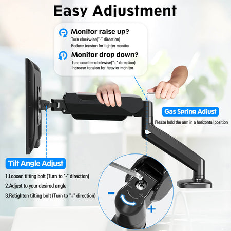 Redragon GMK914 Single Monitor Mount Stand - Gas Spring Adjustable Arms with VESA 75/100mm, 13-32 Inch Screen Compatibility, C Clamp & Grommet Base, Cable Management, 17.6lbs Load Capacity