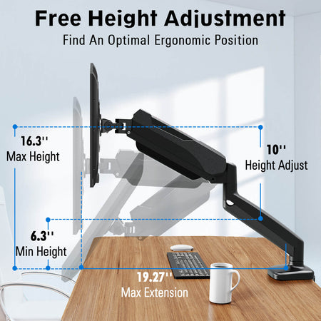 Redragon GMK914 Single Monitor Mount Stand - Gas Spring Adjustable Arms with VESA 75/100mm, 13-32 Inch Screen Compatibility, C Clamp & Grommet Base, Cable Management, 17.6lbs Load Capacity