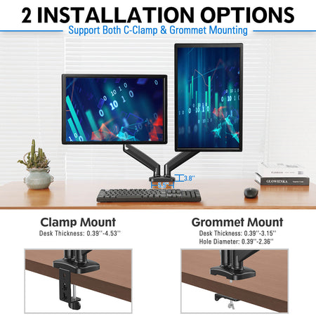 Redragon GMK915 Dual Monitor Mount Stand - Gas Spring Adjustable Arms with VESA 75/100mm, 13-32 Inch Screen Compatibility, C Clamp & Grommet Base, Cable Management, 17.6lbs Load Capacity