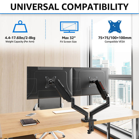 Redragon GMK915 Dual Monitor Mount Stand - Gas Spring Adjustable Arms with VESA 75/100mm, 13-32 Inch Screen Compatibility, C Clamp & Grommet Base, Cable Management, 17.6lbs Load Capacity