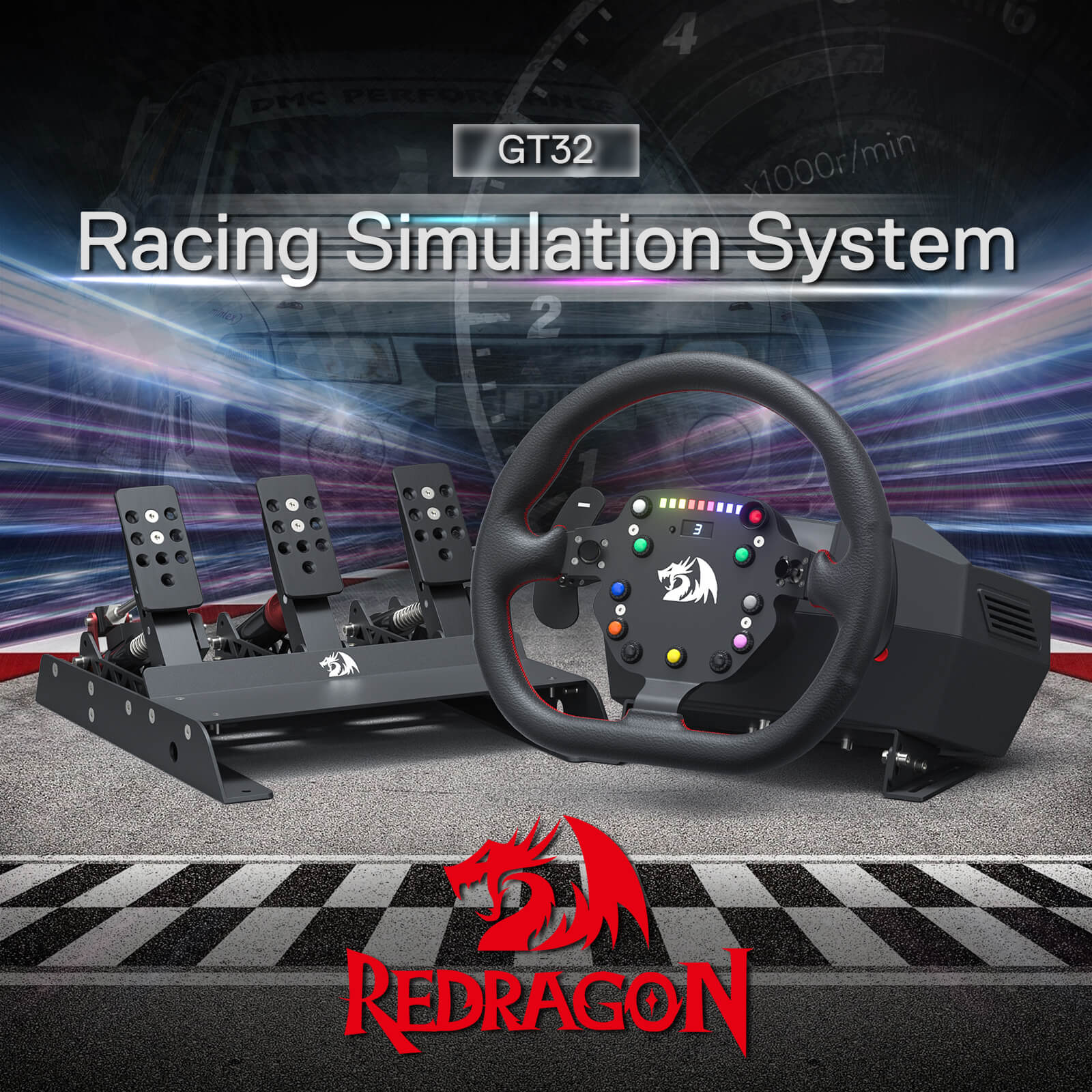 Redragon GT-32 Racing Wheel and Floor Pedals: Real Force Feedback Car  Racing Simulator 